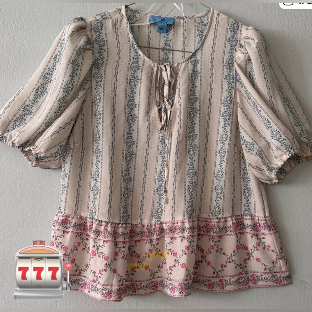 CeCe Cream and Pink Floral Striped Blouse
